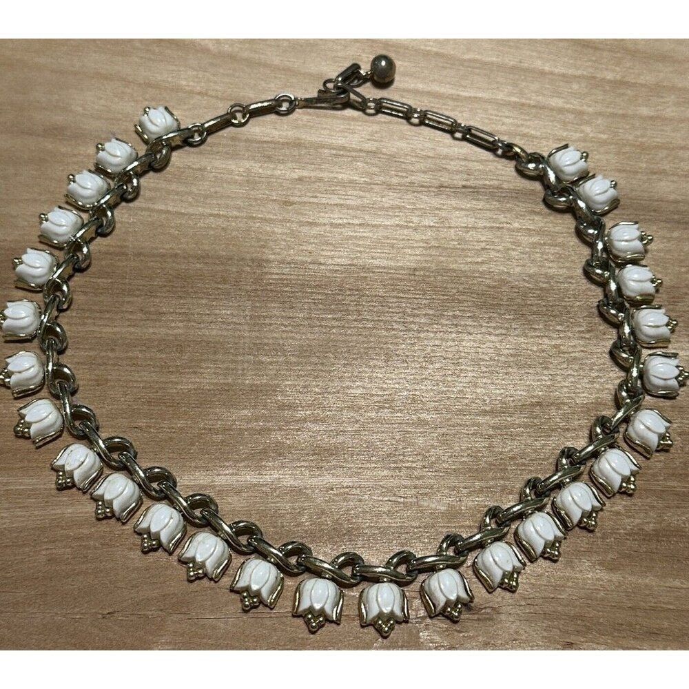 Vintage Coro Tulip Blossom White & Gold Tone Necklace Floral Statement Wedding